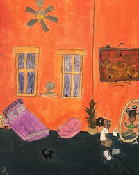 a painting of a girl in a room with a fan