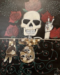 a painting of a skeleton and roses
