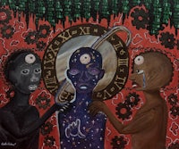 a painting of a man and a woman in front of a clock