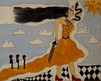 a painting of a woman holding a sword