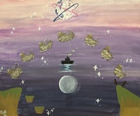 a painting of a flock of ducks flying over the moon