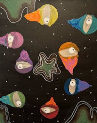 a painting of a group of colorful jellyfish in space