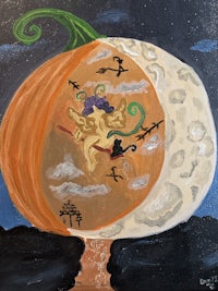 a painting of a pumpkin with a moon in the background