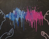 a painting of two people with blue and pink paint dripping from their hands