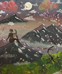 a painting of a woman sitting on top of a mountain