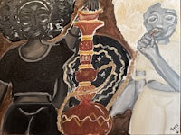 a painting of two women smoking a hookah