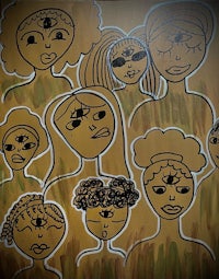 a painting of a group of people with faces painted on them
