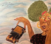 a painting of a woman with an afro and a car