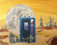 a painting of a blue police box with a moon in the background