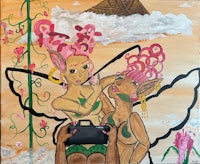 a painting of two women with pink hair holding a game controller