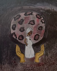 a drawing of a woman in a white dress holding hands